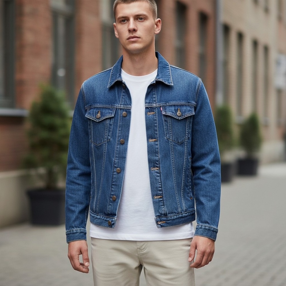 Jeans Joint Men's M Blue Denim Jacket Button Front Point Collar Short 38-40